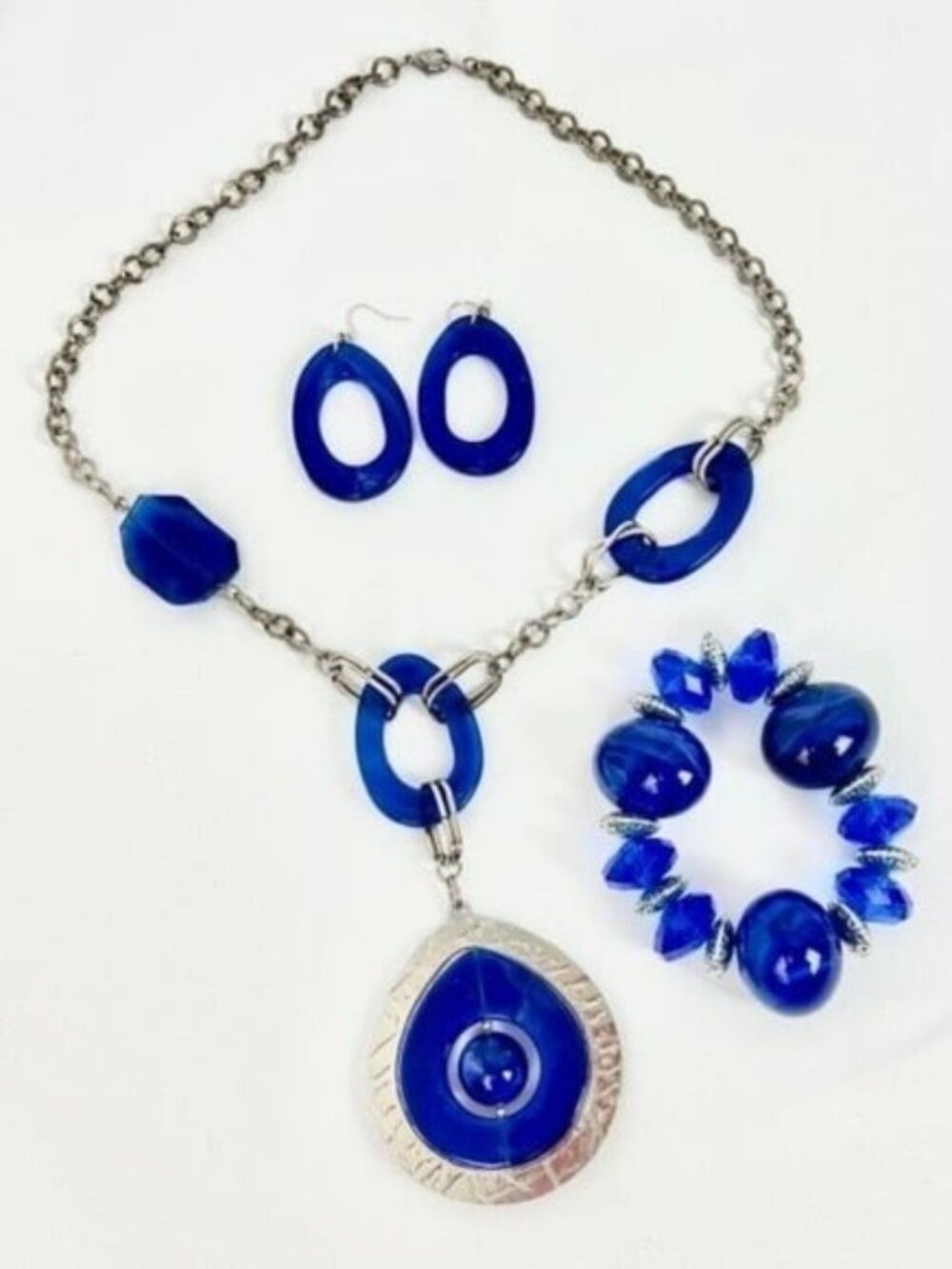 Jewelry Set Necklace Earrings Bracelet Acrylic Plastic Blue Silver Statement